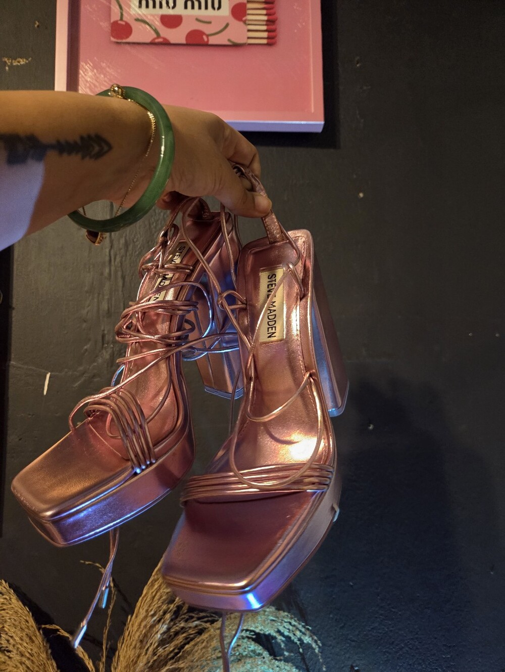 Metallic Rose Pink Strappy Block Heel Sandals